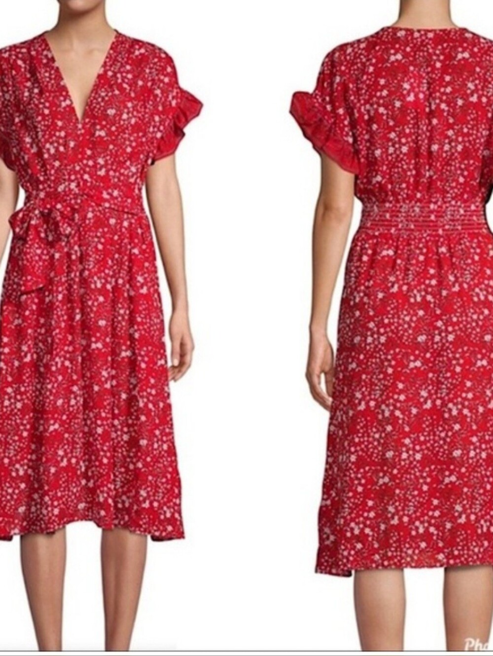 Max Studio Red Floral V-Neck Tie-Waist Midi Dress. Brunch. Bridal Shower.